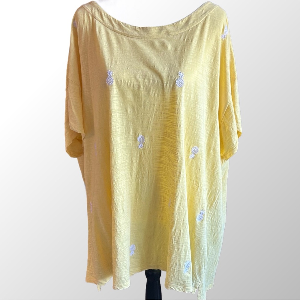 Kim Rogers‎ Top Women’s 3X Yellow & White Embroidered Pineapple T Shirt Relaxed